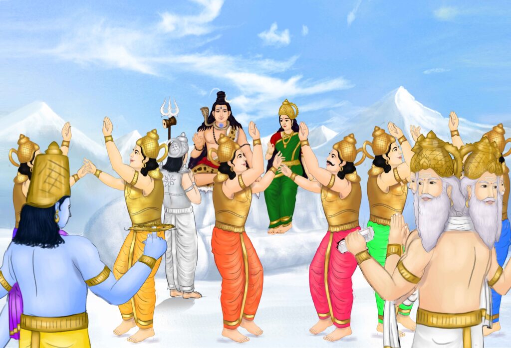 Lord-Shiva,-Devas-(Gods)-and-Asuras-(Demons)-celebrating-their-happiness-on-obtaining-amrit-and-worshipping-Lord-Shiva-for-saving-them-from-the-halahala-poison